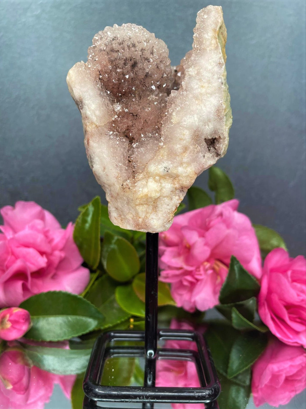 Pink Amethyst Crystal Geode With Druzy On Fixed Stand 35
