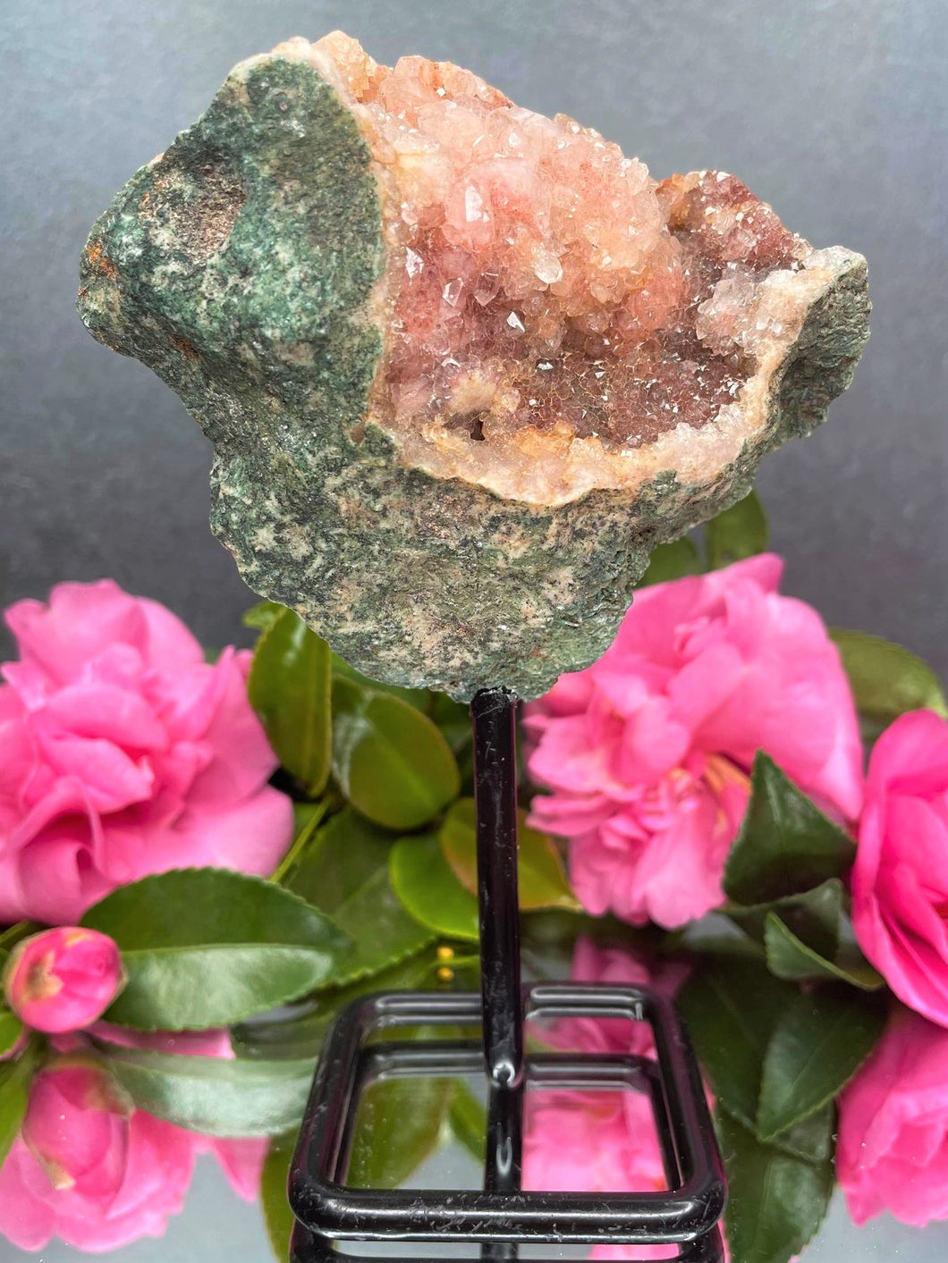 Pink Amethyst Crystal Geode With Druzy On Fixed Stand 42