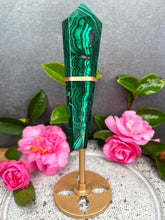 Load image into Gallery viewer, Natural Malachite Wand In Gold Painted Metal Stand
