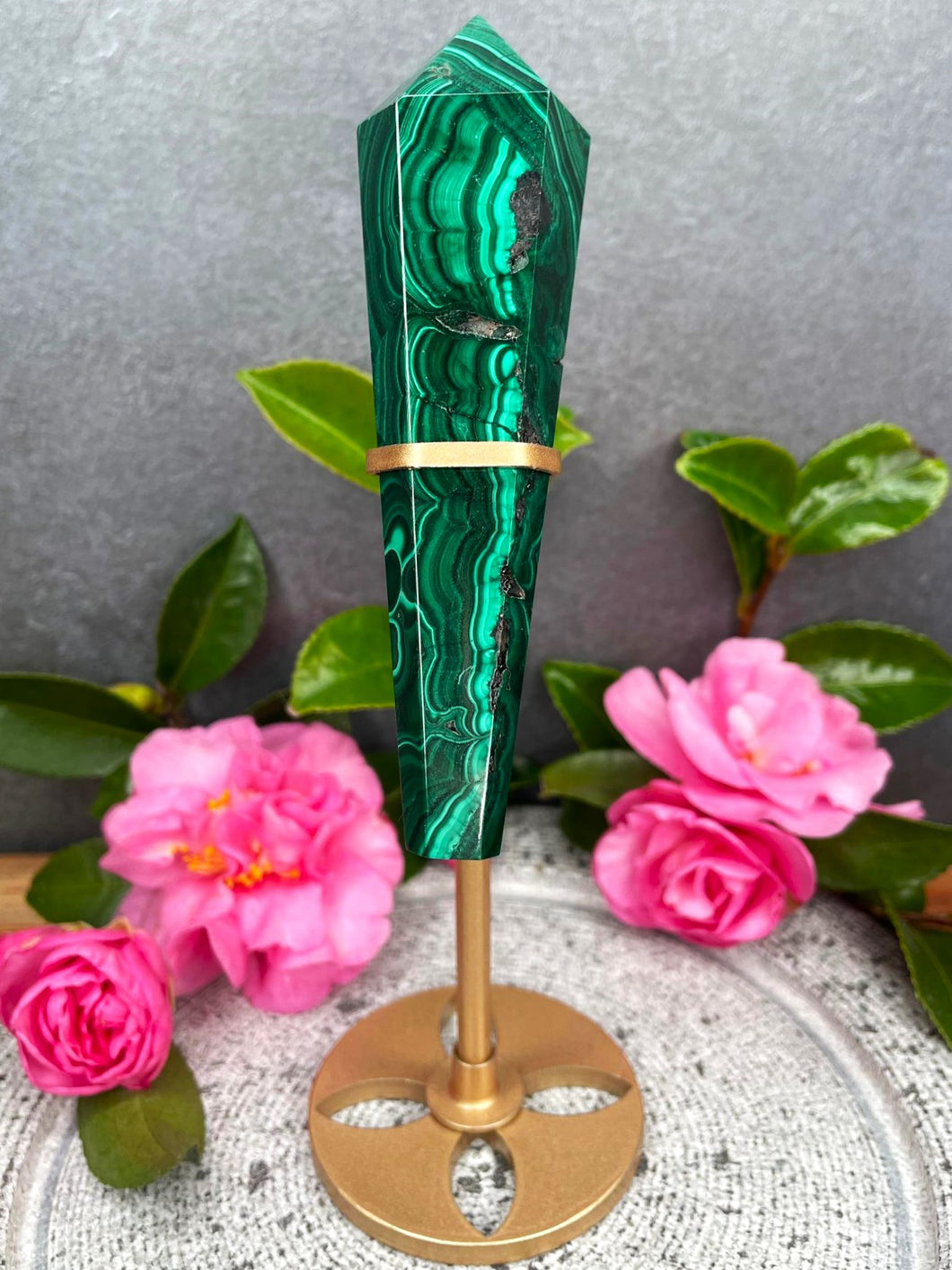 Natural Malachite Wand In Gold Painted Metal Stand