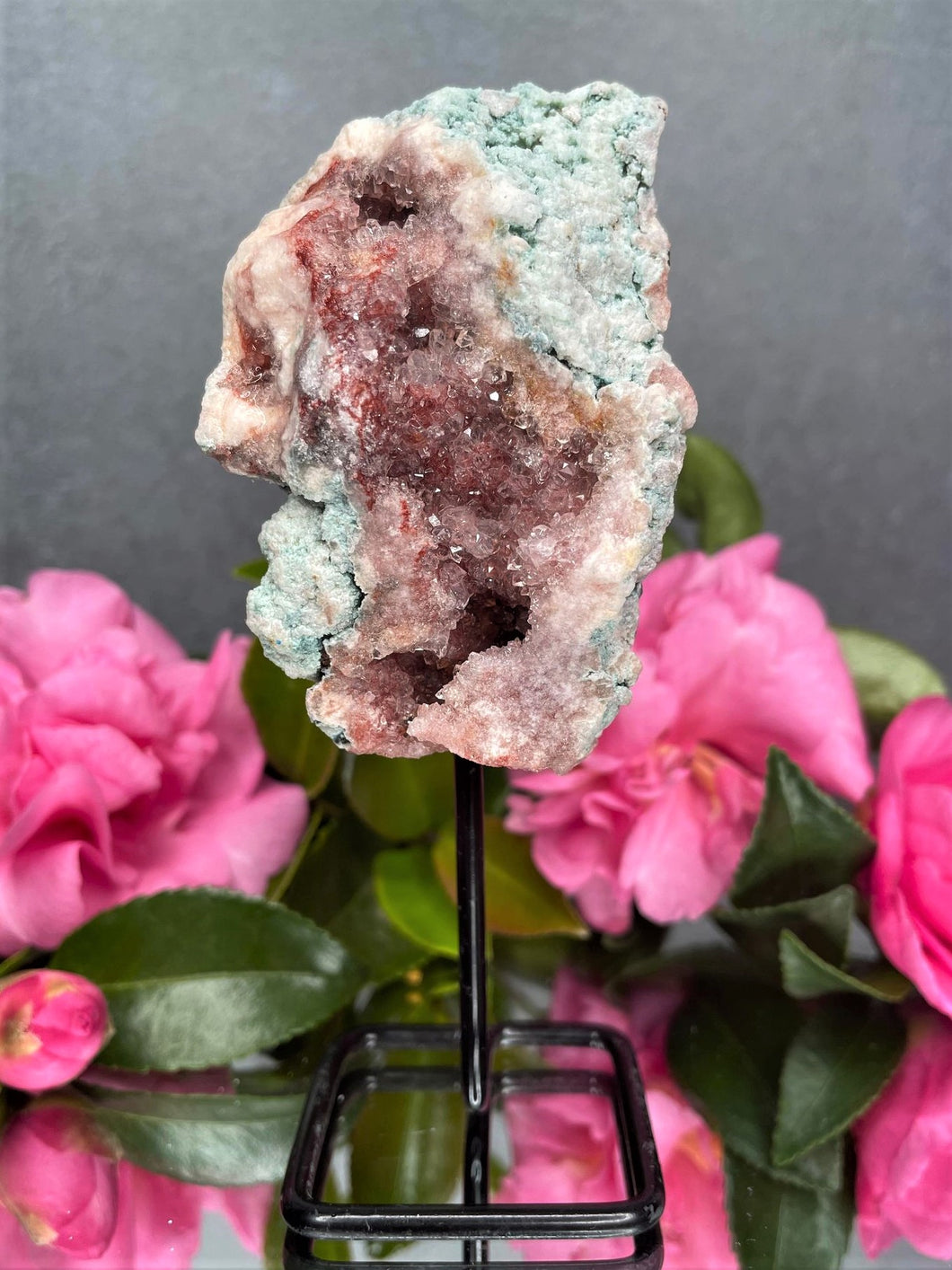 Pink Amethyst Crystal Geode With Druzy On Fixed Stand 10