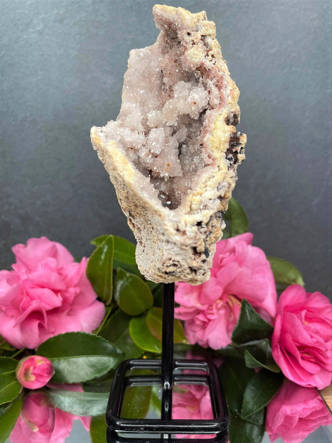 Pink Amethyst Crystal Geode With Druzy On Fixed Stand 30
