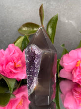 Load image into Gallery viewer, Agate Crystal With Amethyst Druzy Cluster Tower Point
