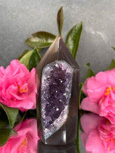 Load image into Gallery viewer, Agate Crystal With Amethyst Druzy Cluster Tower Point
