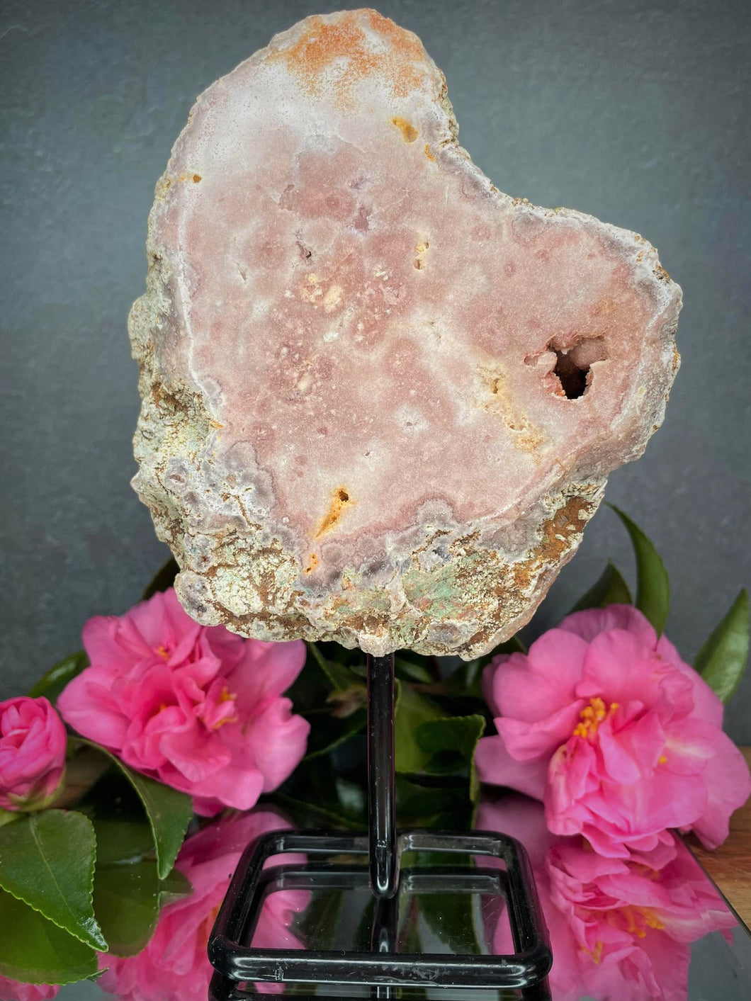 Polished Pink Amethyst Crystal Slab On Stand With