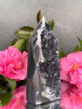 Load image into Gallery viewer, Beautiful Agate Crystal With Amethyst Druzy Cluster Tower Point
