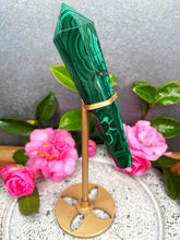 Load image into Gallery viewer, Natural Malachite Wand In Gold Painted Metal Stand
