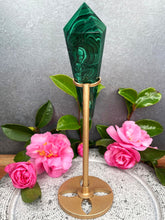 Load image into Gallery viewer, Natural Malachite Wand In Gold Painted Metal Stand
