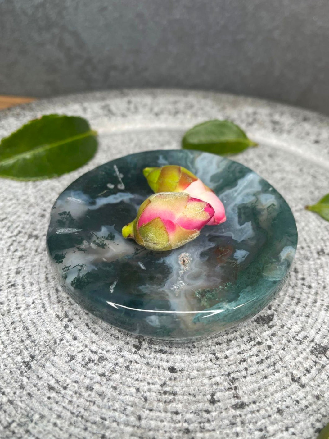 Small Moss Agate Crystal Bowl Sphere Holder
