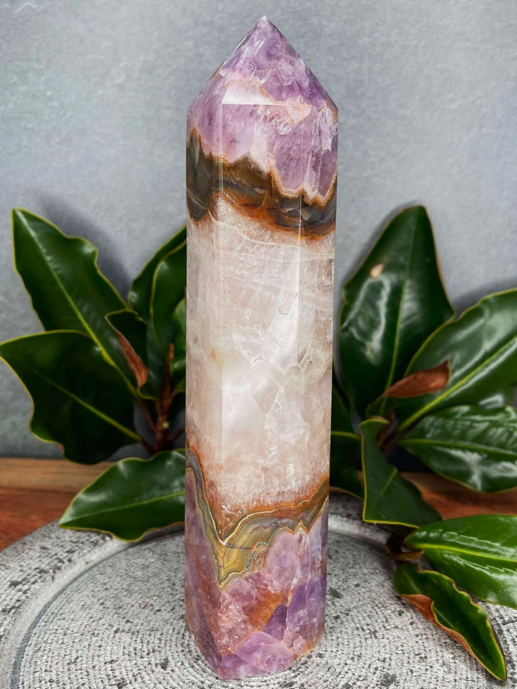 Crazy Lace Agate With Amethyst Crystal Tower