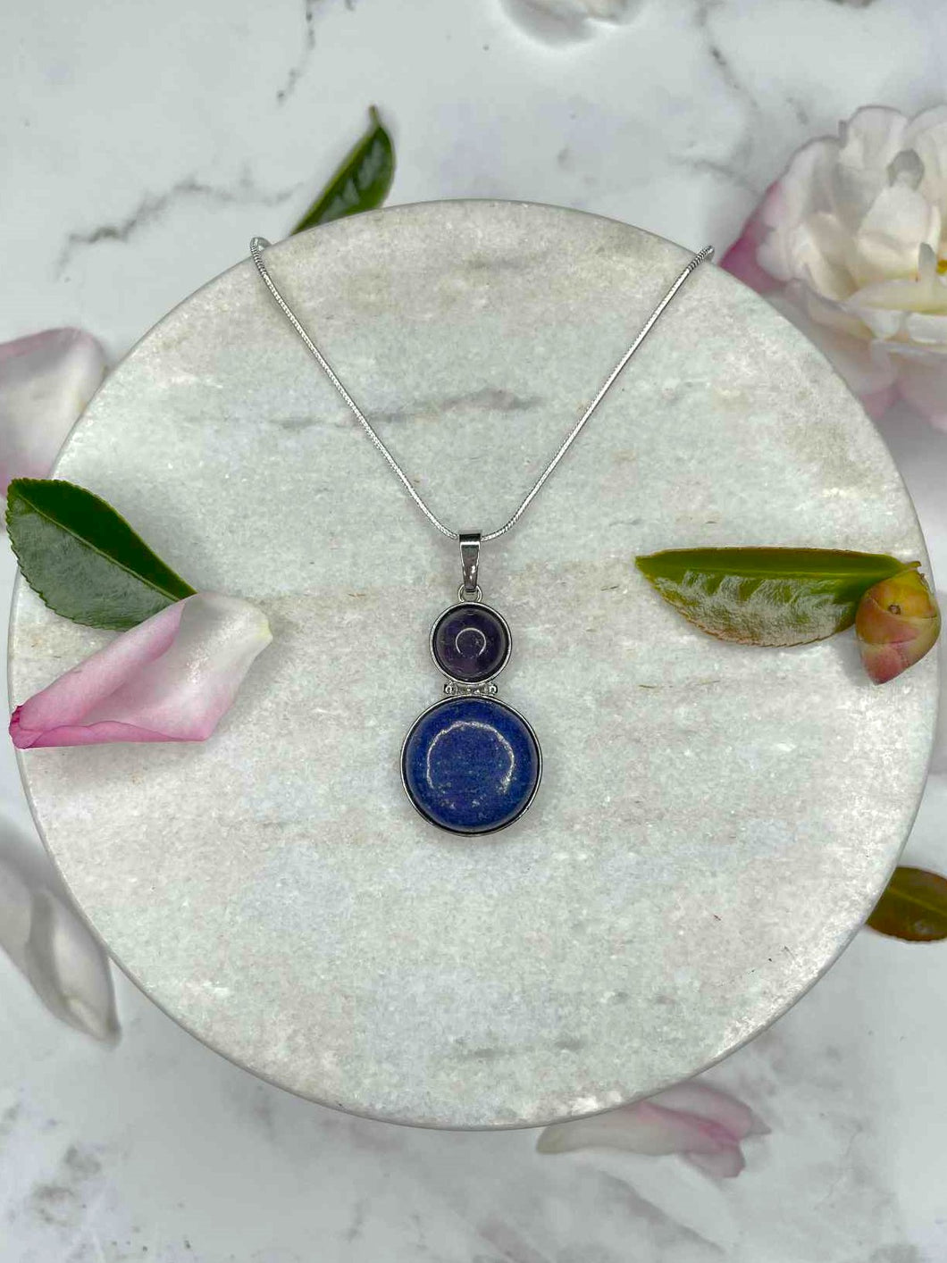 Lapis Lazuli & Amethyst Double Pendant Silver Necklace