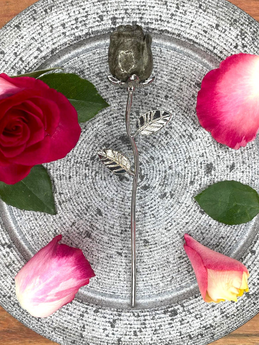 Beautiful Pyrite Rose Crystal Carving With Silver Stem