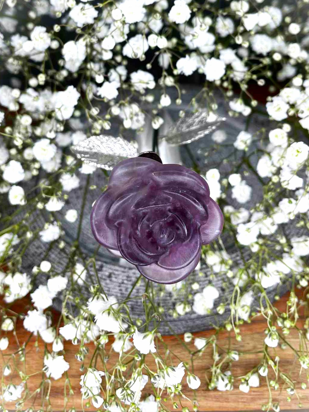 Purple Candy Fluorite Crystal Rose Carving Silver Stem
