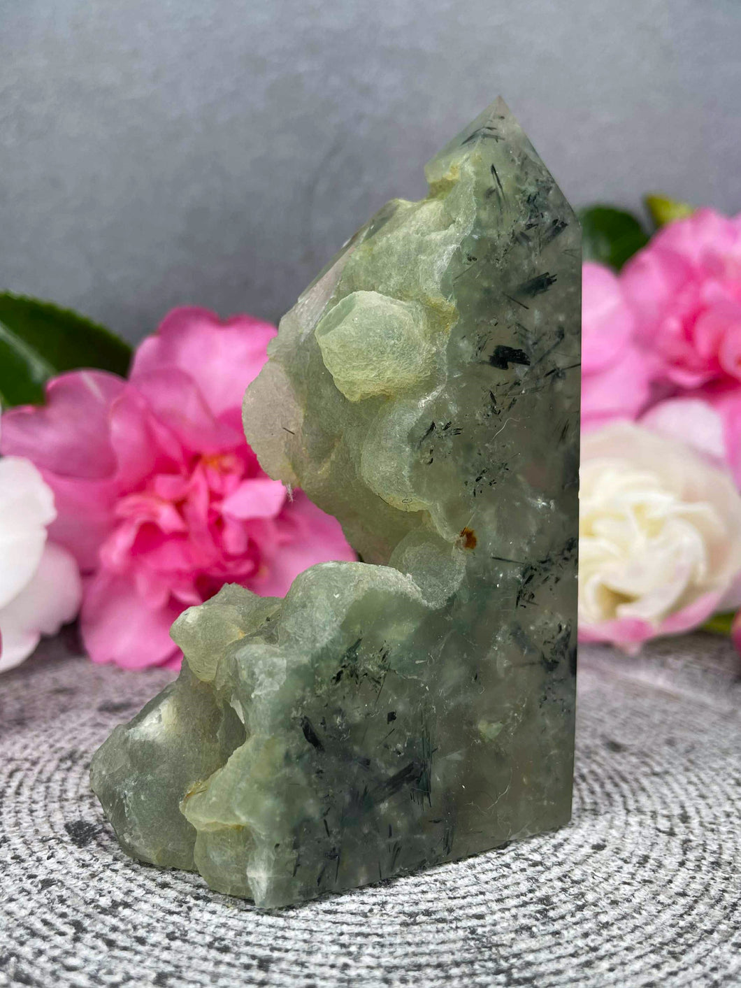 Calming Prehnite Crystal Tower Point Freeform With Raw Druzy