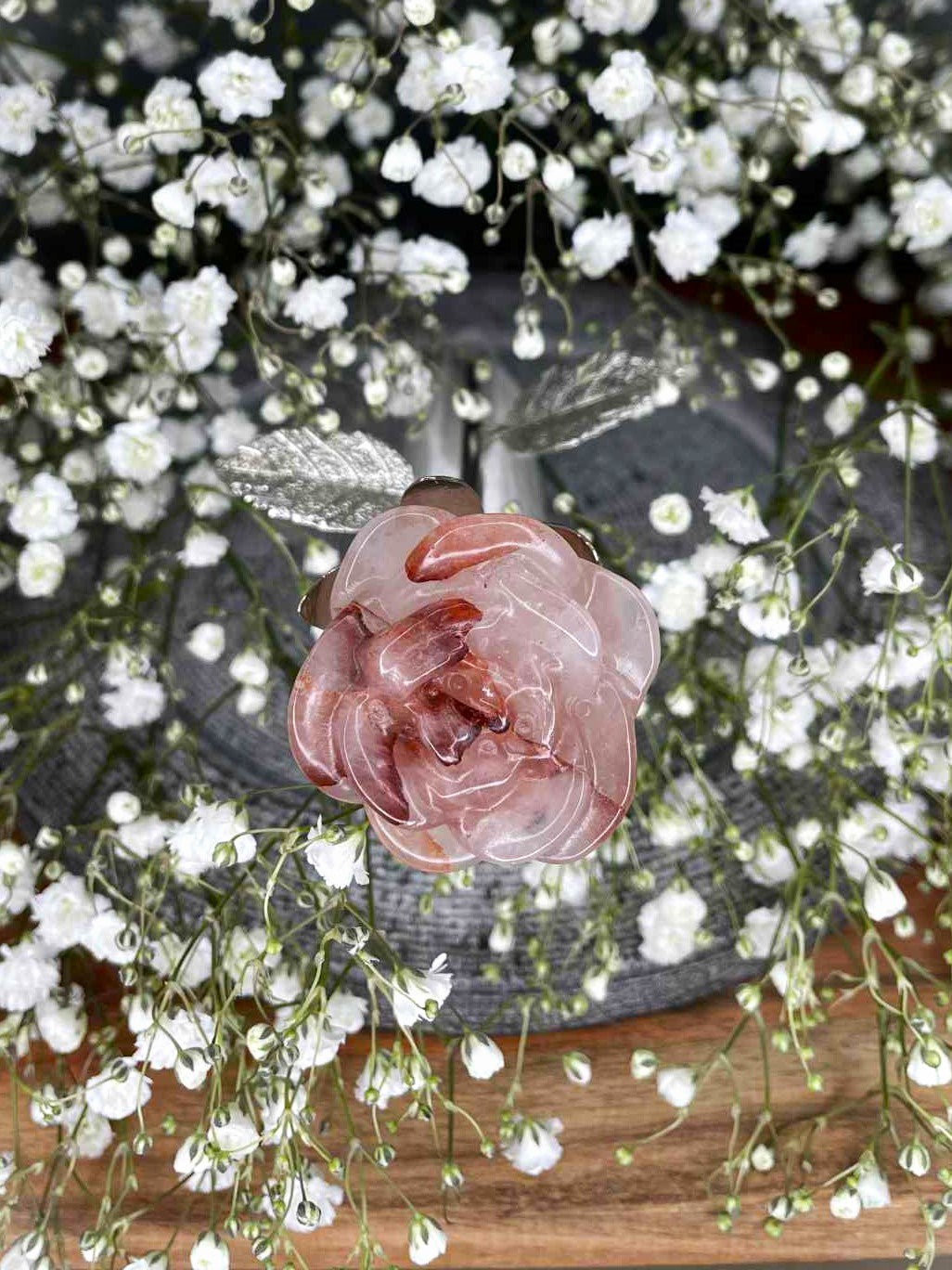 Beautiful Fire Quartz Crystal Rose Silver Stem