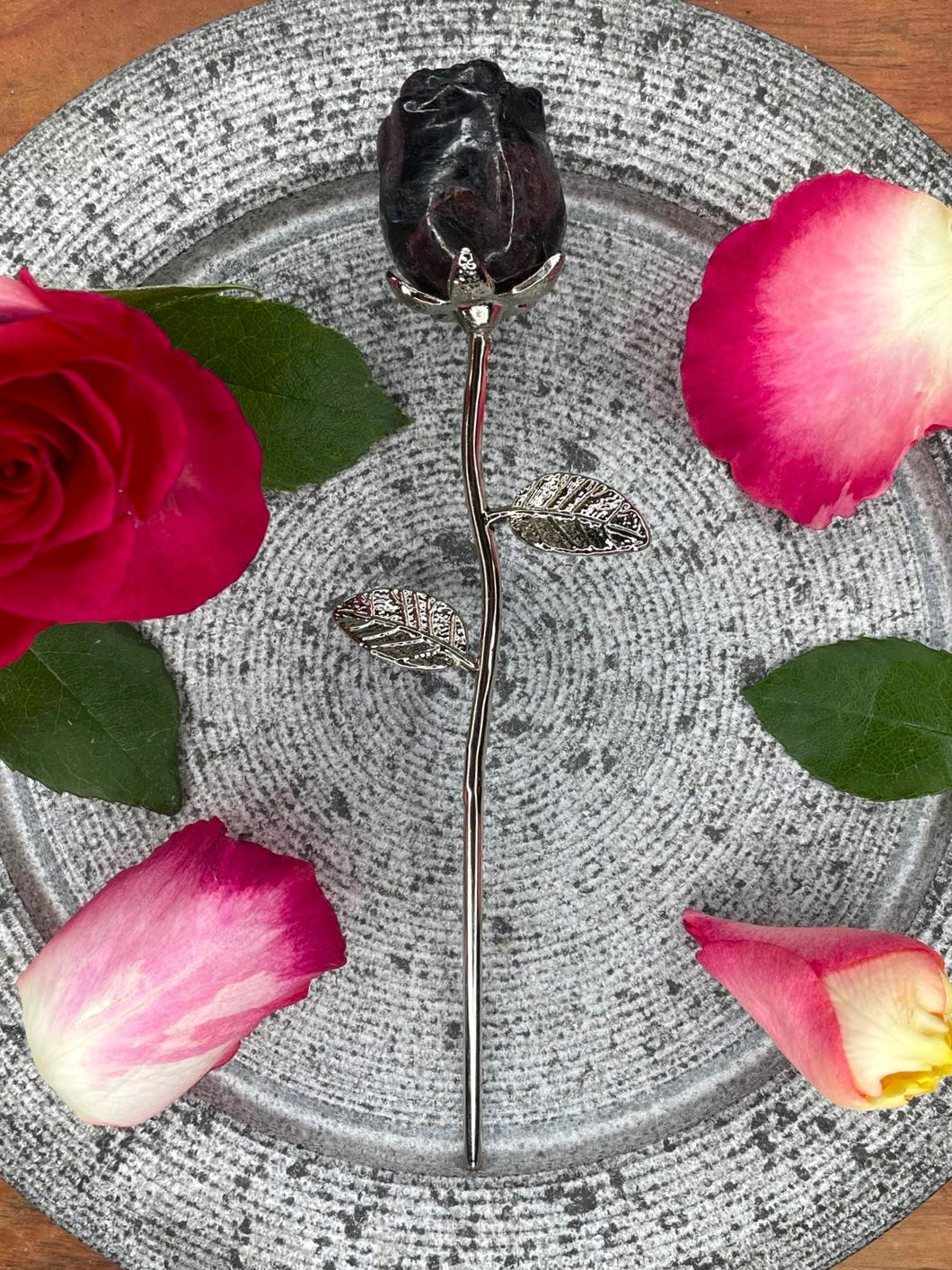 Garnet Rose Crystal Carving With Silver Stem