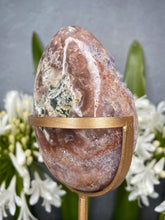 Load image into Gallery viewer, Breathtaking Pink Amethyst Flower Agate Crystal Egg On Gold Stand
