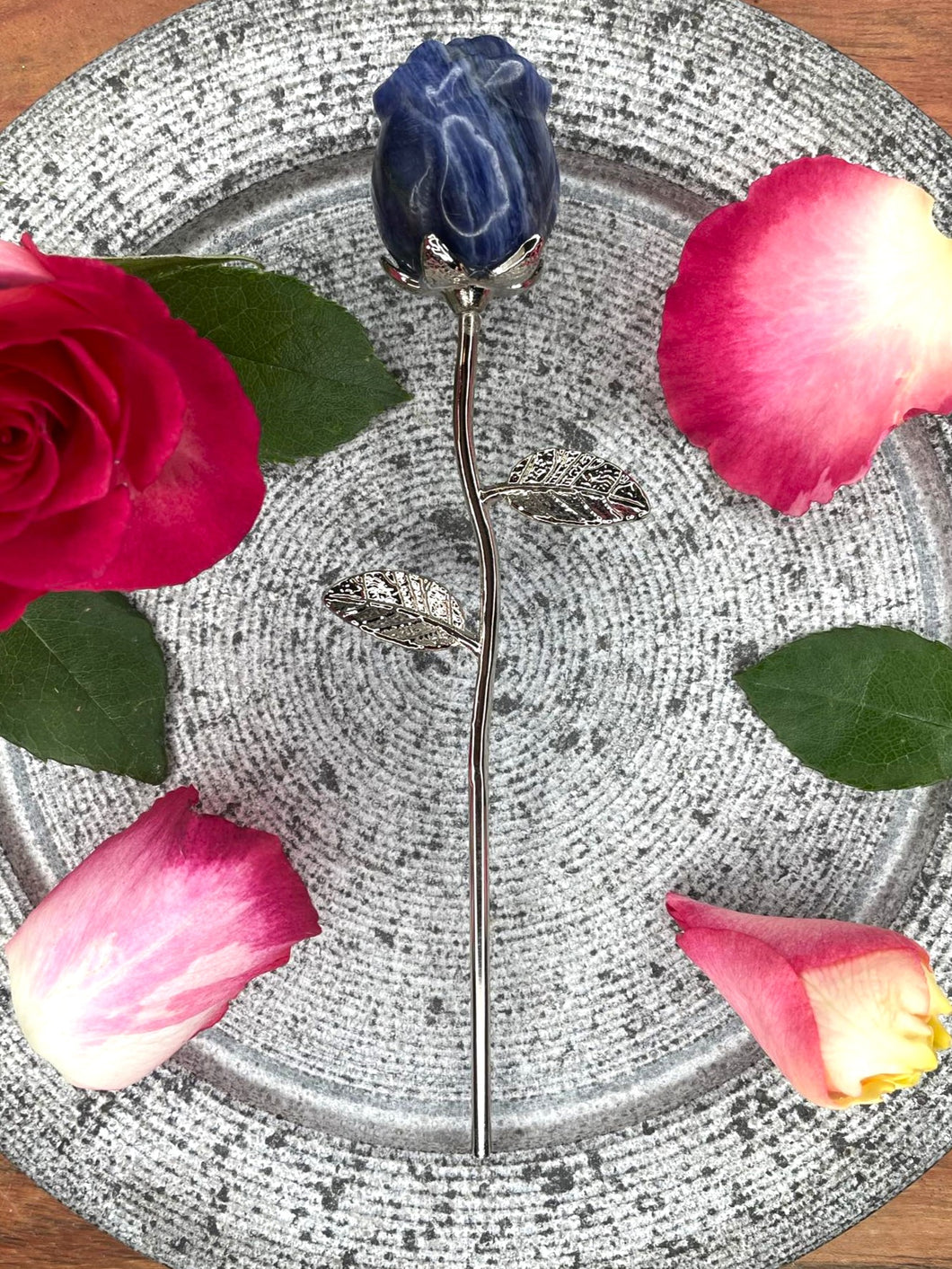 Stunning Sodalite Rose Crystal Carving With Silver Stem