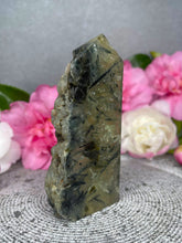 Load image into Gallery viewer, Stone Of Prophecy Prehnite Crystal Tower Point Freeform With Raw Druzy
