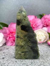 Load image into Gallery viewer, Natural Prehnite Crystal Tower Point Freeform With Raw Druzy

