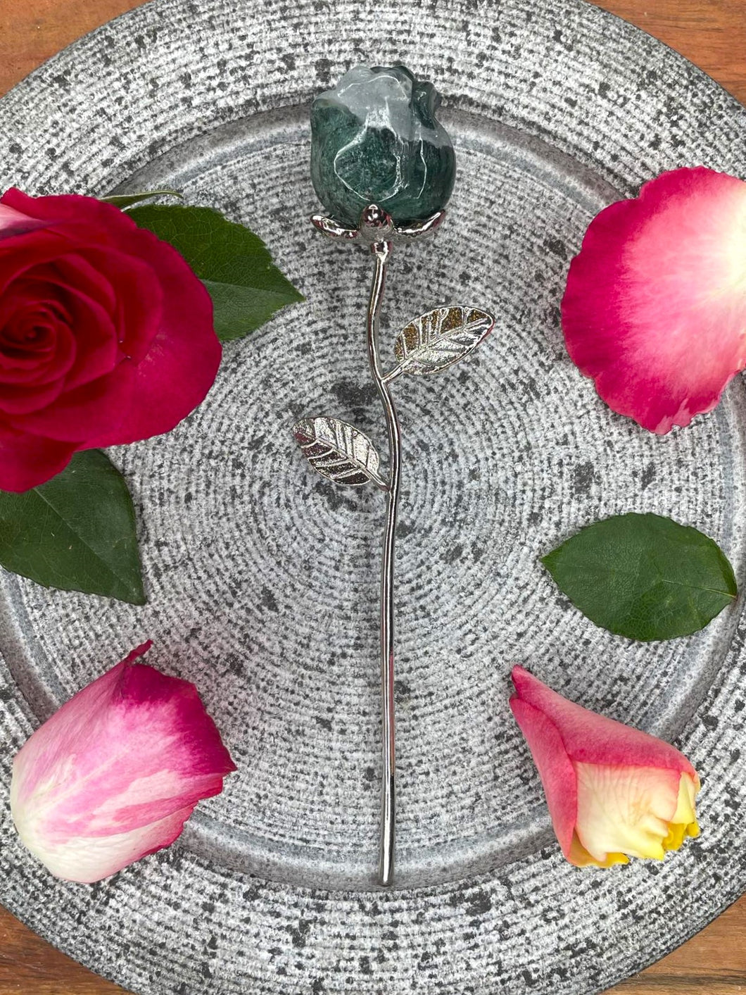 Stunning Moss Agate Rose Crystal Carving With Silver Stem