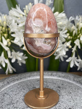 Load image into Gallery viewer, Pink Amethyst Flower Agate Crystal Egg On Gold Stand
