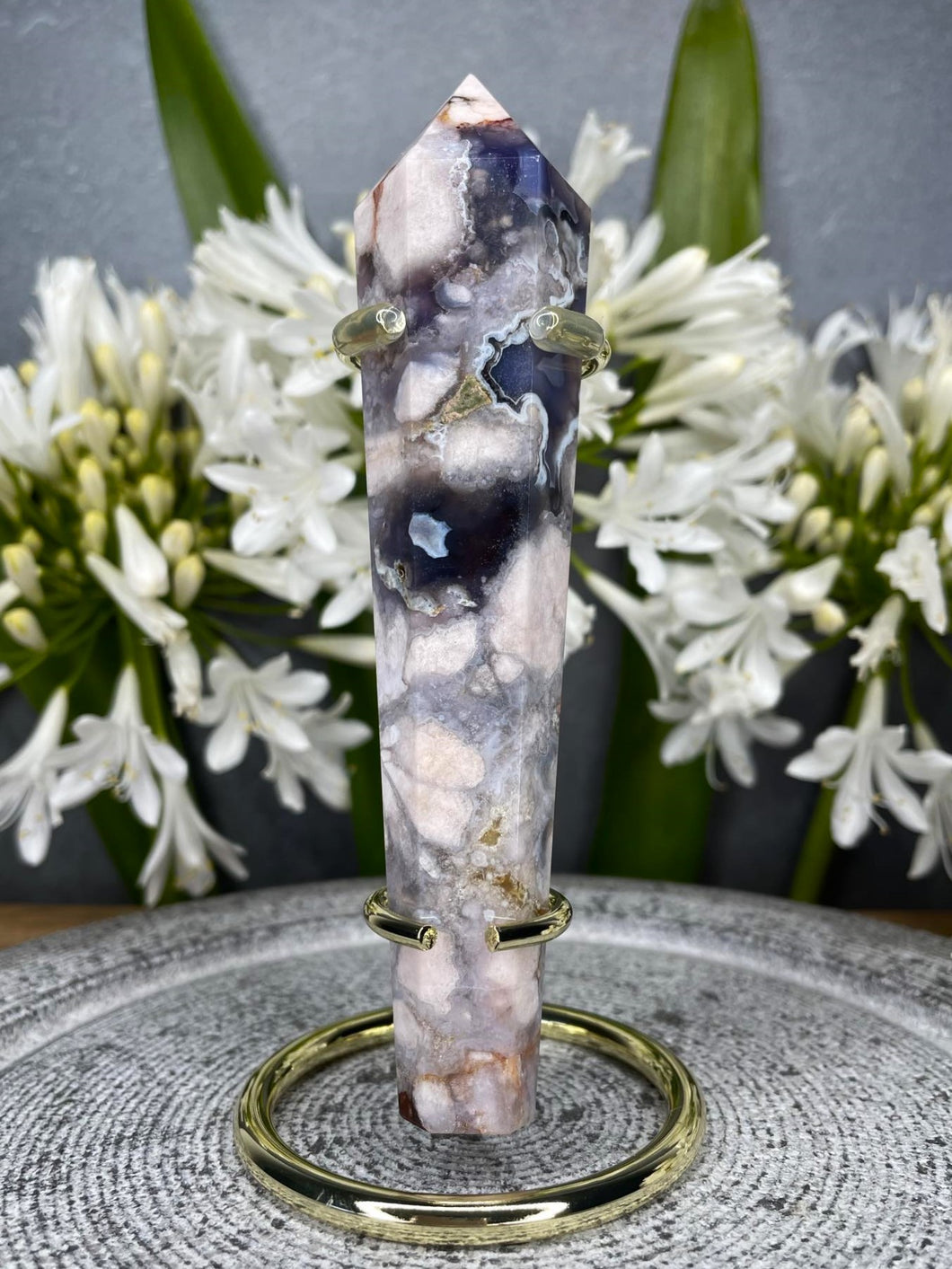 Elegant Blue Flower Agate Wand With Gold Metal Stand