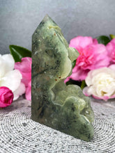 Load image into Gallery viewer, Calming Prehnite Crystal Tower Point Freeform With Raw Druzy
