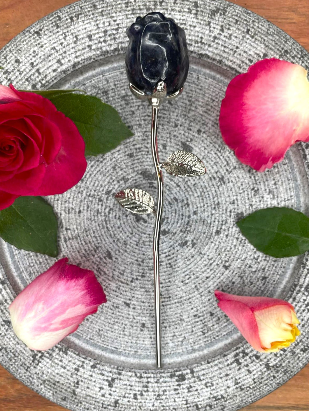 Sodalite Rose Crystal Carving With Silver Stem