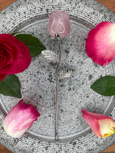 Load image into Gallery viewer, Beautiful Rose Quartz Rose Crystal Carving With Silver Stem
