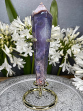 Load image into Gallery viewer, Harmony Blue Flower Agate Wand With Gold Metal Stand
