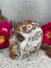 Load image into Gallery viewer, Mexican Crazy Lace Agate Amethyst Crystal Skull Carving
