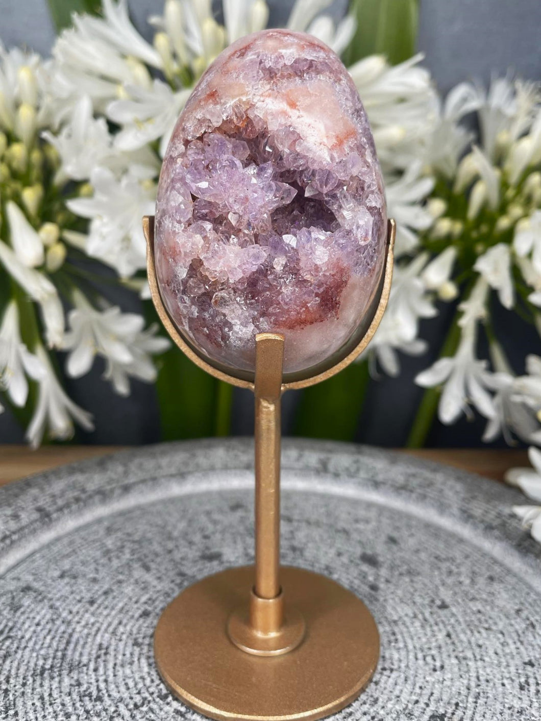 Pink Amethyst Flower Agate Crystal Egg On Gold Stand