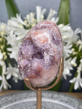 Load image into Gallery viewer, Pink Amethyst Flower Agate Crystal Egg On Gold Stand
