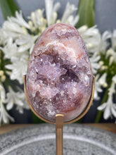 Load image into Gallery viewer, Pink Amethyst Flower Agate Crystal Egg On Gold Stand
