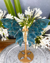 Load image into Gallery viewer, Beautiful Blue Apatite Crystal Butterfly Wings On Gold Stand
