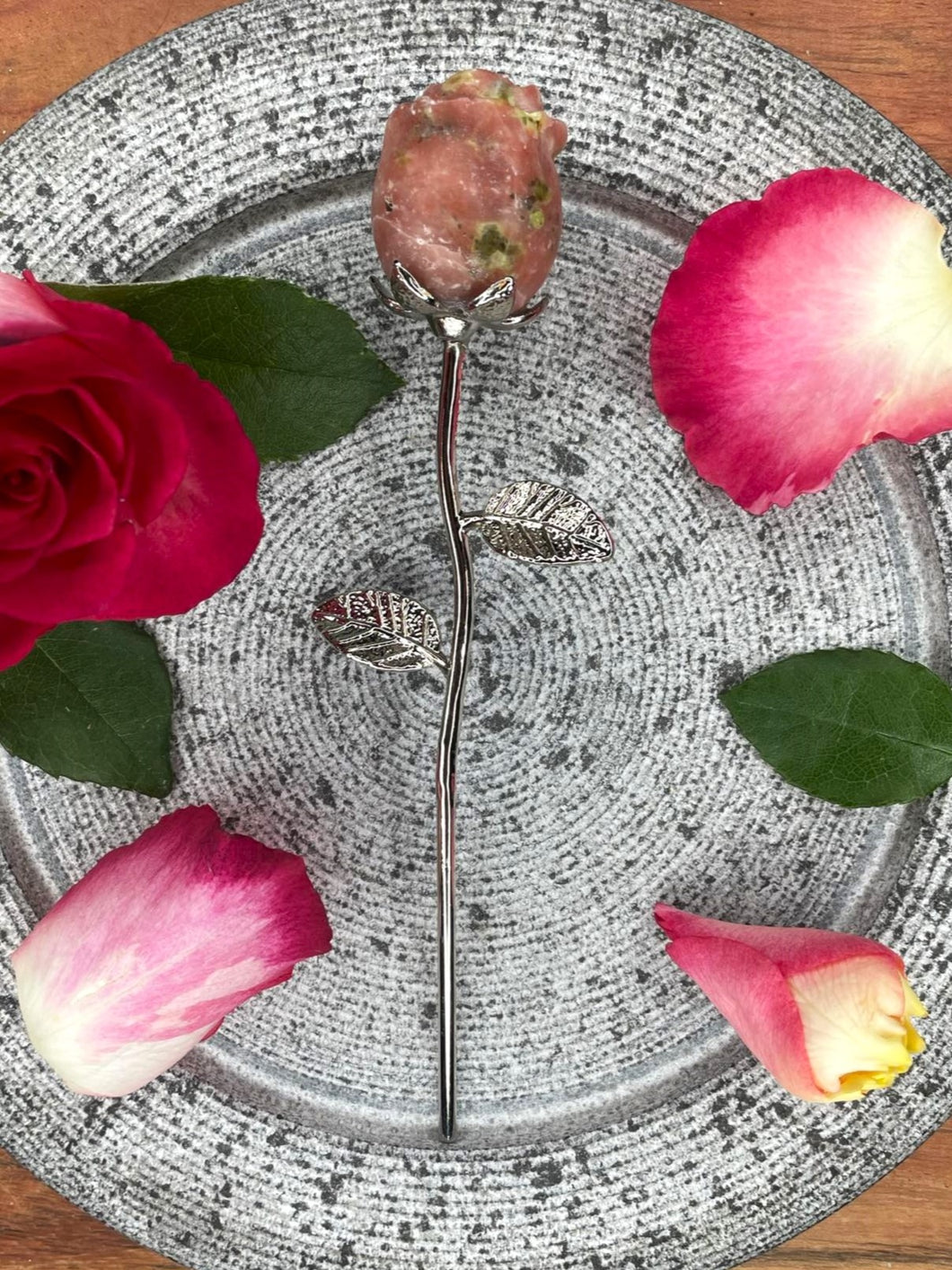 Thulite Rose Crystal Carving With Silver Stem