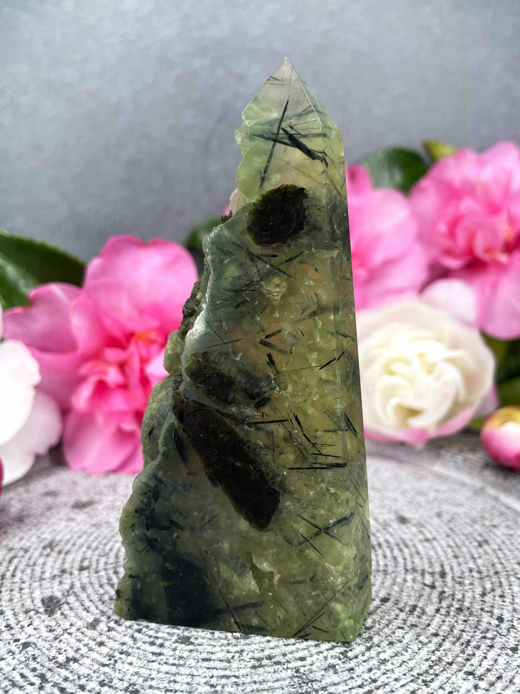 Natural Prehnite Crystal Tower Point Freeform With Raw Druzy