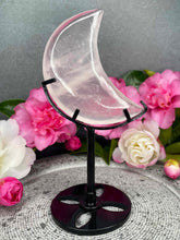 Load image into Gallery viewer, Rose Quartz Crystal Crescent Moon Carving On Black Stand
