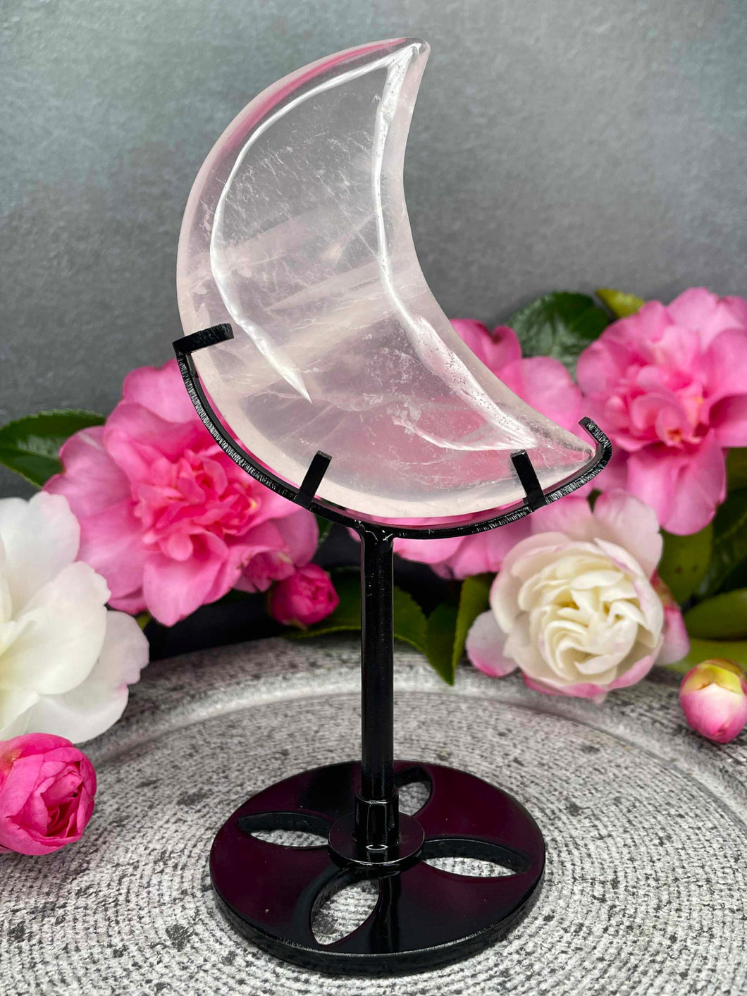 Rose Quartz Crystal Crescent Moon Carving On Black Stand