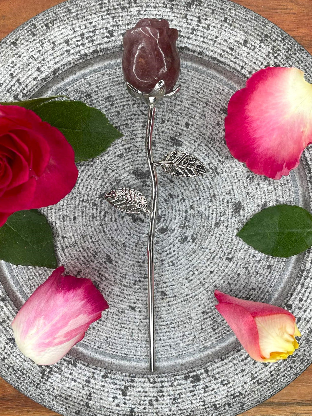 Strawberry Quartz Rose Crystal Carving With Silver Stem