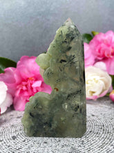 Load image into Gallery viewer, Calming Prehnite Crystal Tower Point Freeform With Raw Druzy
