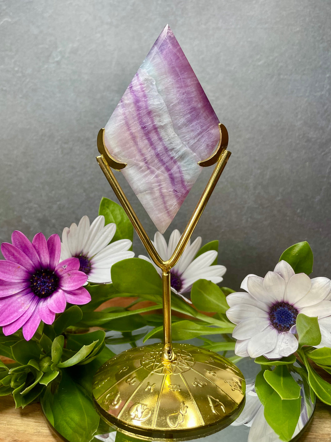 Fluorite Crystal Diamond Carving With Zodiac Gold Stand