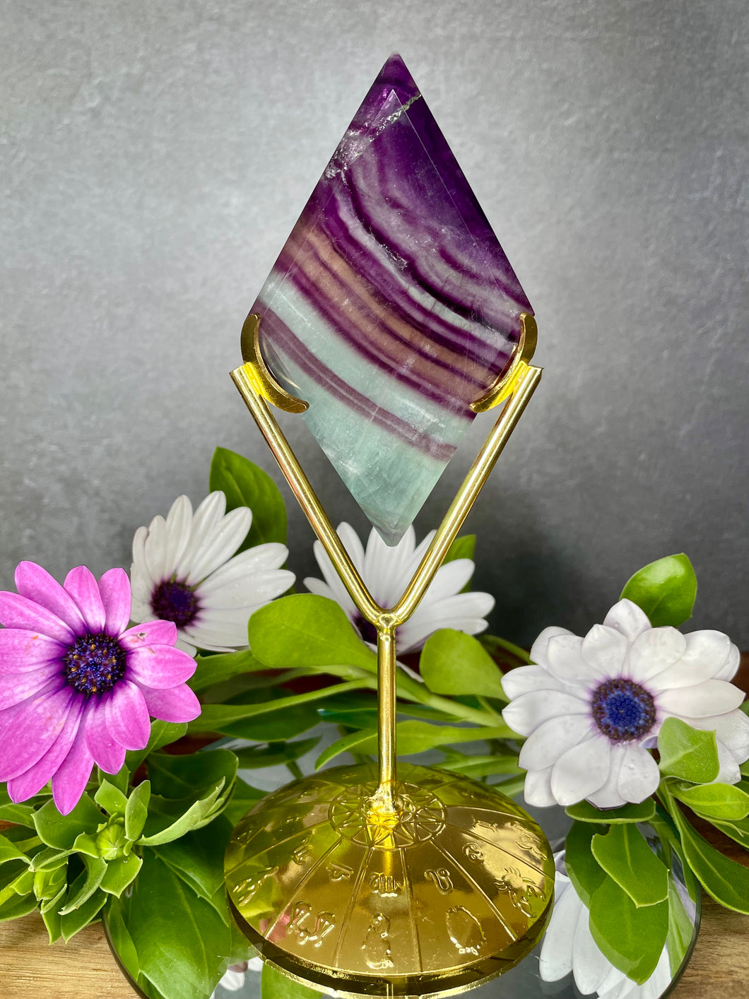 Stunning Fluorite Crystal Diamond Carving With Zodiac Gold Stand