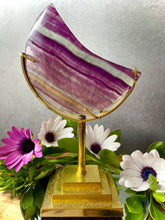Load image into Gallery viewer, Stunning Fluorite Crystal Crescent Moon With Gold Stand
