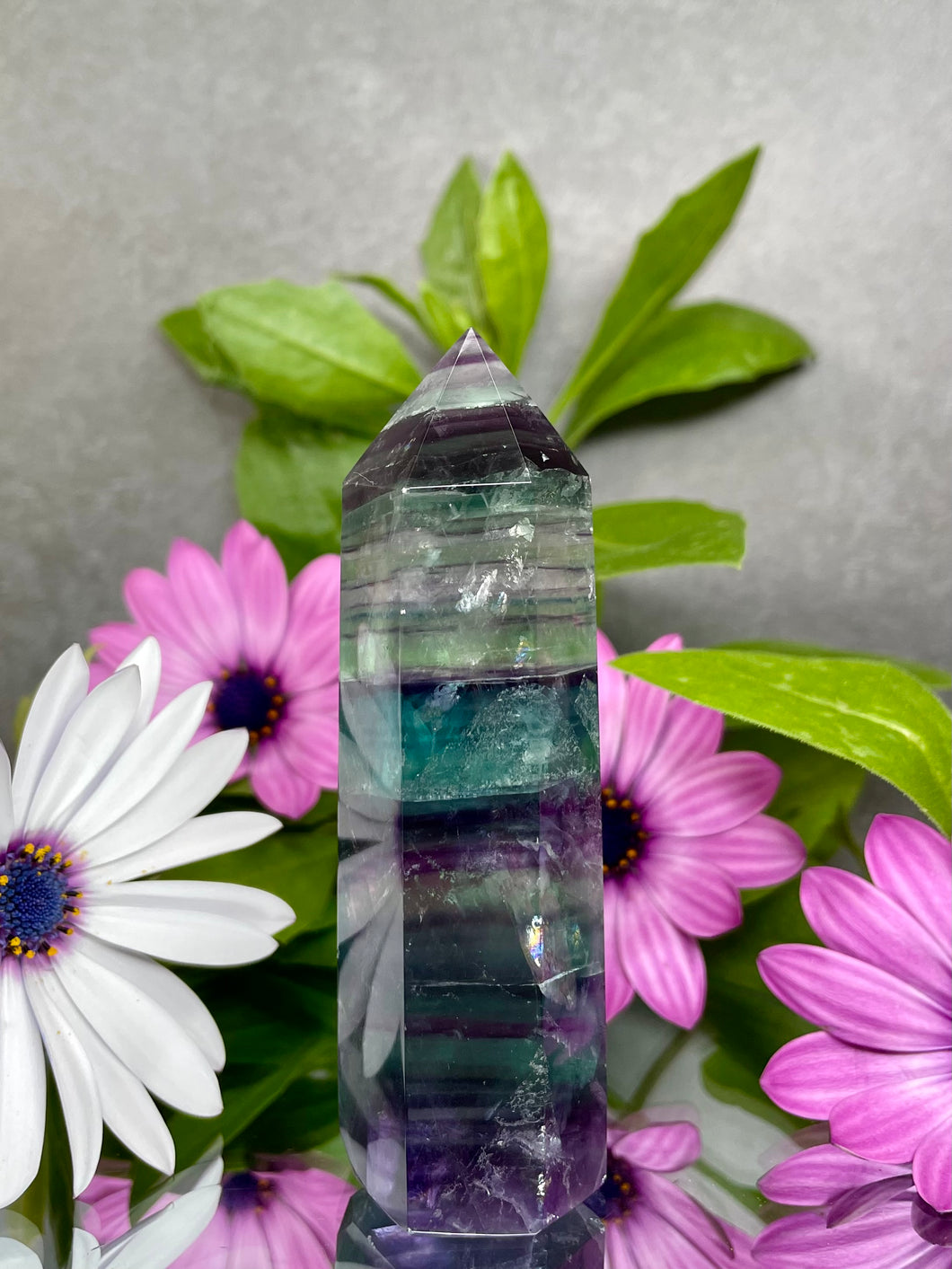 Natural Rainbow Fluorite Crystal Tower Point