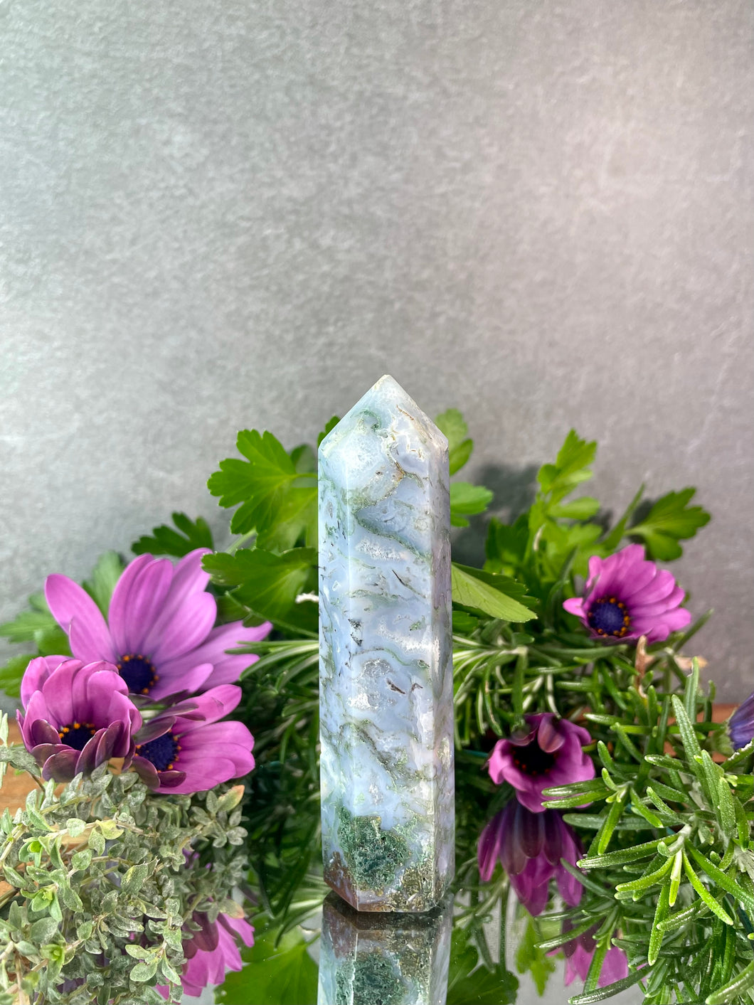 Pretty Blue Moss Agate Crystal Tower Point