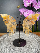Load image into Gallery viewer, Golden Healer Quartz Crystal Butterfly Wings On Stand
