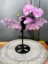 Load image into Gallery viewer, Purple Fluorite Crystal Dragon Wings On Black Stand
