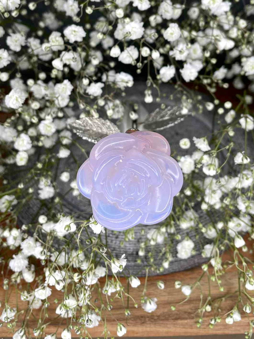 Pretty Pink Opalite Crystal Rose Silver Stem